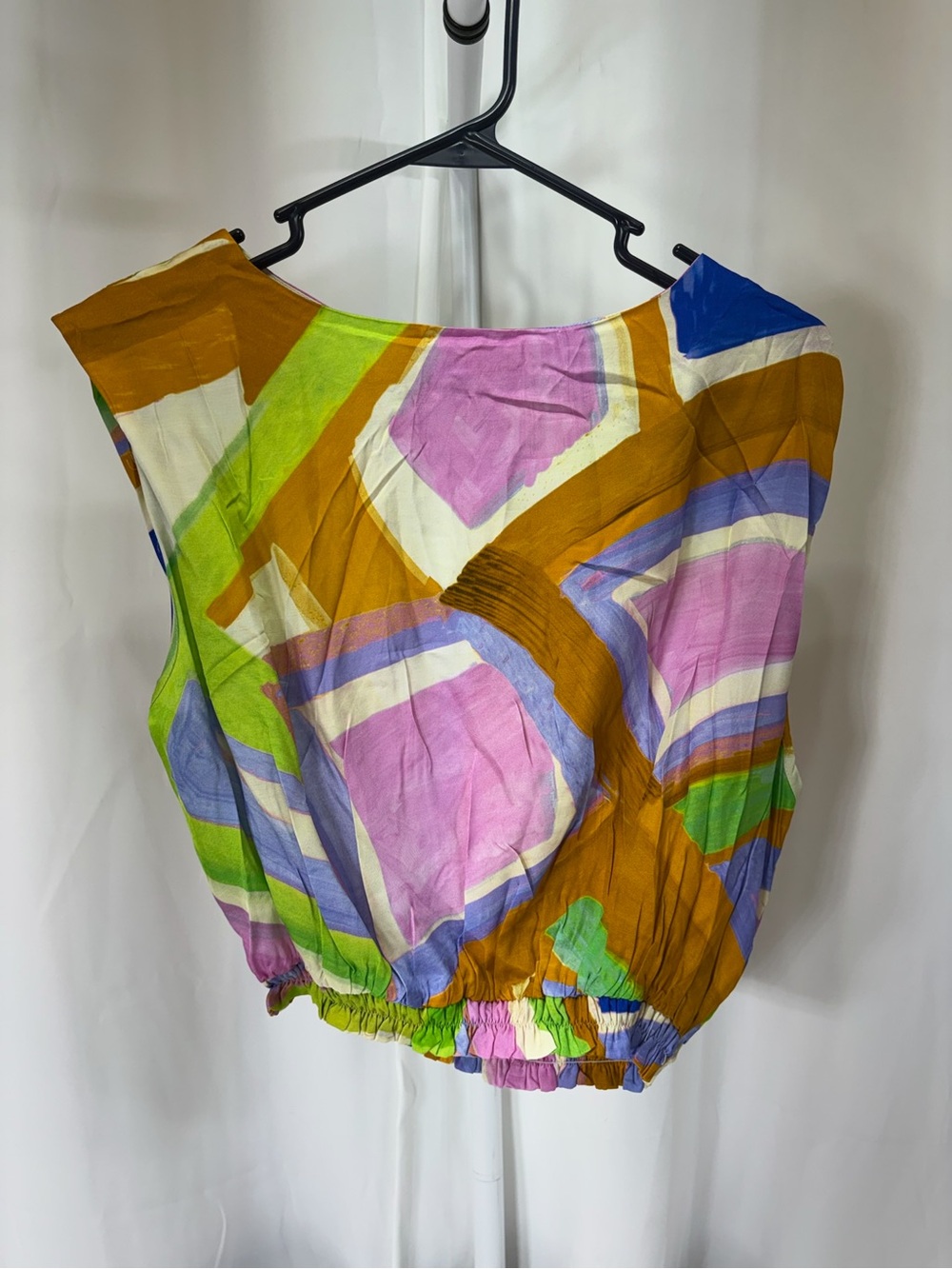 Geometric Print Cropped Blouse in Pink, Green & Brown 4159
